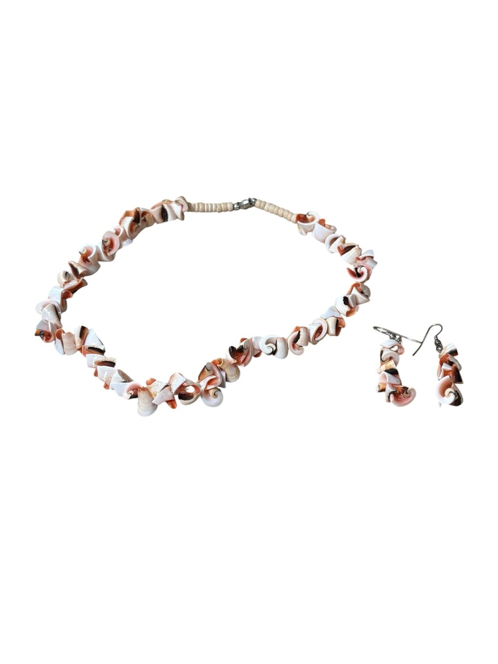 Vintage Handcrafted White, Pink, and Brown Shell Necklace & Earring Set